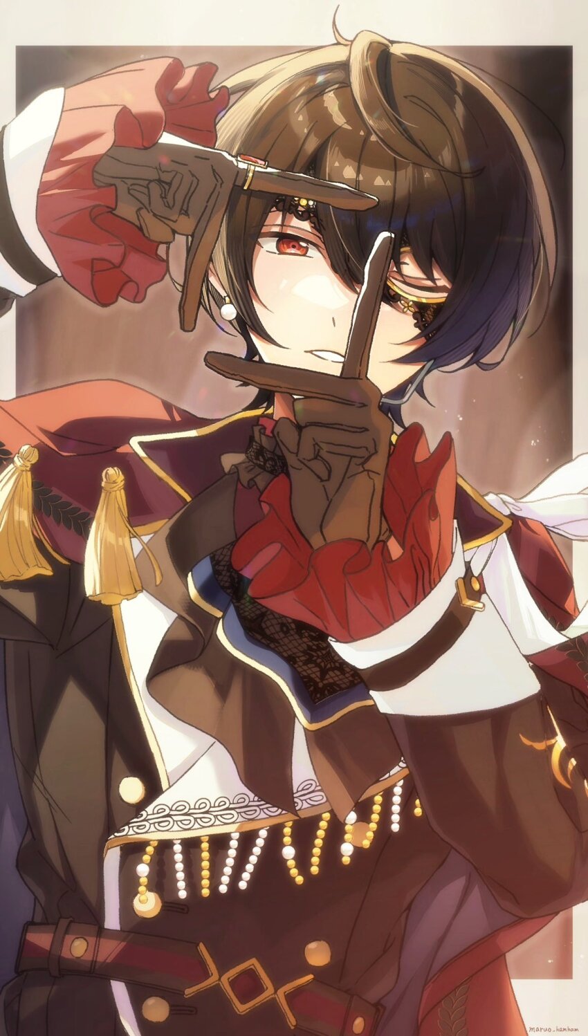 1boy, ascot, belt, black_ascot, black_gloves, black_hair, black_jacket, black_mask