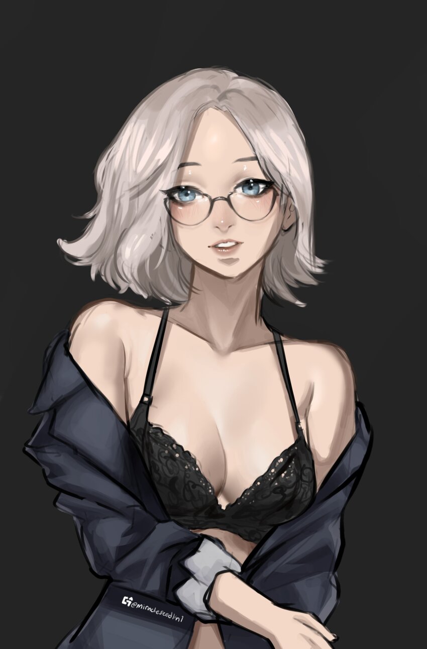 1girl, absurdres, any_emu_7725, black_bra, blonde_hair, bra, breasts, cleavage, glasses, grace_ashcroft, highres, jacket, long_sleeves, medium_breasts, off_shoulder, open_clothes, open_jacket, parted_bangs, resident_evil, resident_evil_requiem, short_hair, smile, teeth, underwear, upper_body