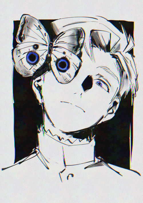 1boy, blue_eyes, bug, chi.:_chikyuu_no_undou_ni_tsuite, closed_mouth, collared_shirt, frown, greyscale