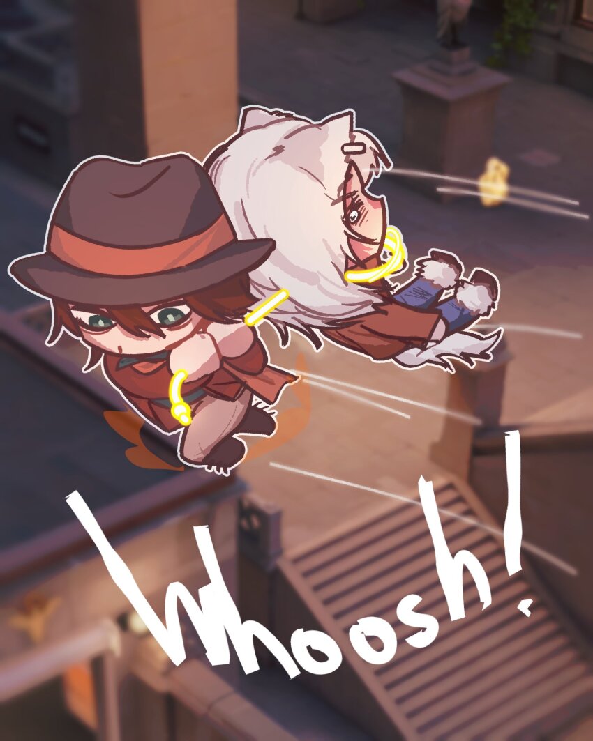 2girls, animal_ears, black_hair, blue_eyes, chibi, commentary, crying, cupmadewithp, deadlock_(game), gameplay_mechanics, hat, highres, holding, holliday_(deadlock), jacket, lasso, long_hair, multiple_girls, orange_jacket, scar, short_hair, silver_(deadlock), werewolf, white_hair, wolf_ears, wolf_girl