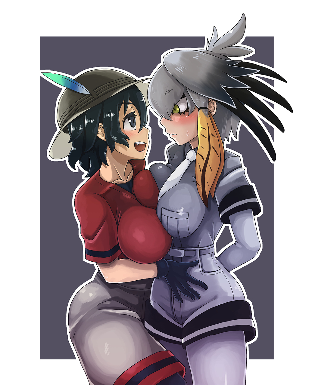 2girls, alternate_breast_size_(larger), arm_behind_back, asymmetrical_docking, belt, between_breasts, bird_wings, black_eyes