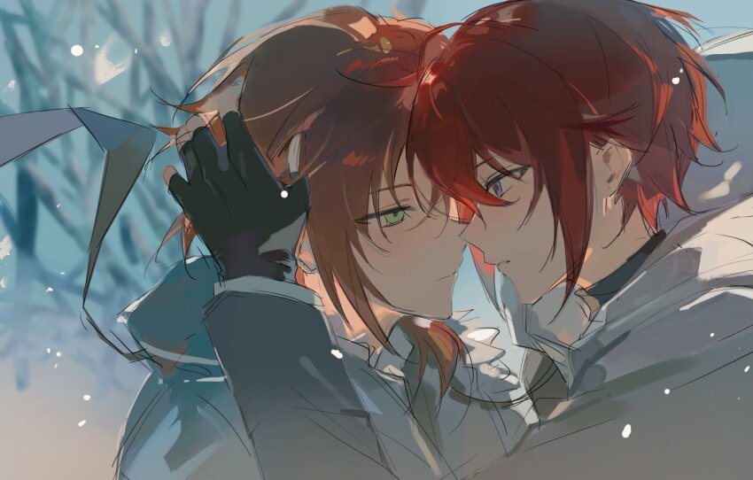2boys, black_gloves, black_shirt, branch, chinese_commentary, coat, commentary_request, ensemble_stars!, fingerless_gloves, from_side, gloves, green_eyes, hair_between_eyes, hand_on_another's_head, highres, imminent_kiss, lishu56251640, long_sleeves, male_focus, medium_hair, multiple_boys, orange_hair, outdoors, profile, purple_eyes, red_hair, scarf, shirt, short_hair, side_ponytail, sidelocks, snowing, suou_tsukasa, tsukinaga_leo, turtleneck, turtleneck_shirt, white_coat, white_scarf, yaoi