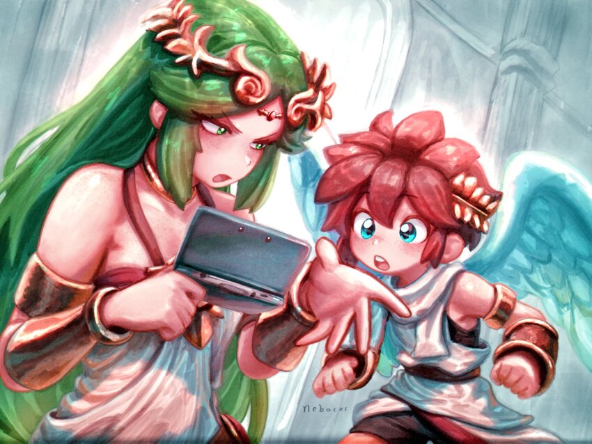1boy, 1girl, angel, angel_wings, blue_eyes, brown_hair, circlet, commentary, english_commentary, green_eyes, green_hair, handheld_game_console, highres, holding, holding_handheld_game_console, indoors, kid_icarus, kid_icarus_uprising, kid_icarus_uprising_tutorial_redraw_(meme), laurel_crown, looking_at_another, meme, nebacer, nintendo, nintendo_3ds, open_mouth, palutena, pit_(kid_icarus), signature, wings