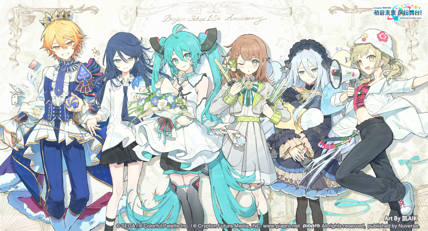 1boy, 5girls, :o, absurdres, anniversary, ano_hi_mita_yozora_wa_itsuka_no_mirai_e_(project_sekai), aqua_eyes, aqua_hair