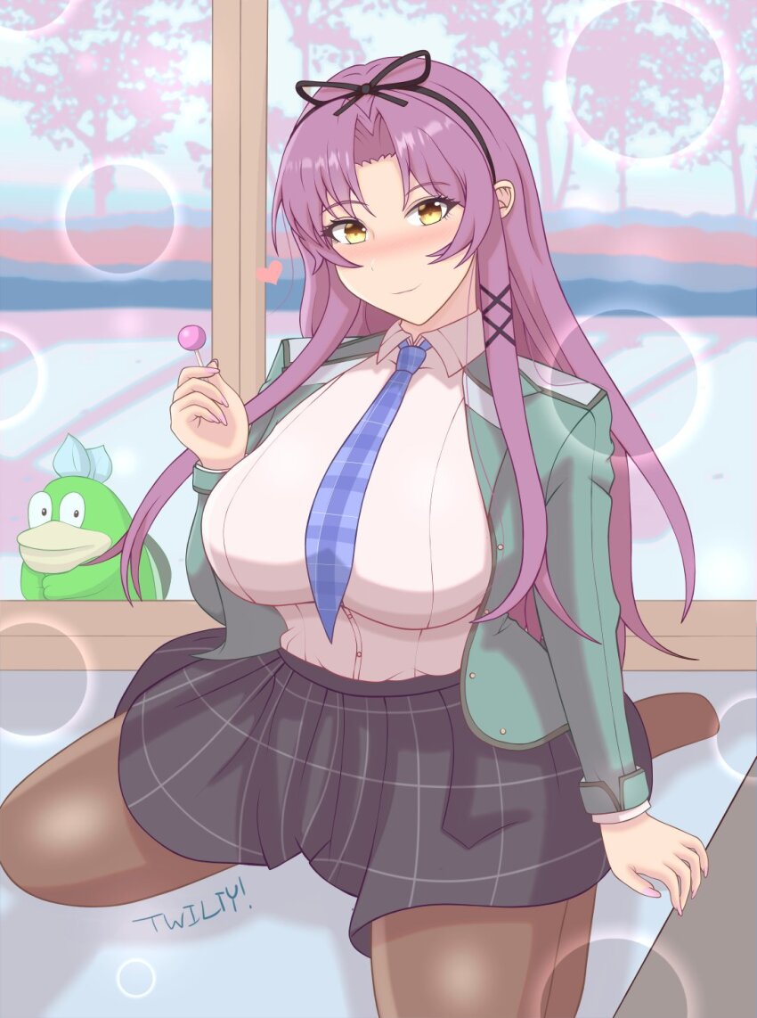 1girl, artist_name, black_pantyhose, black_ribbon, black_skirt, blue_necktie, blush, bow