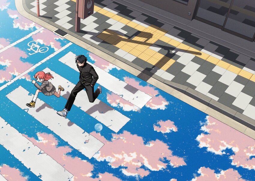 1boy, 1girl, absurdres, black-framed_eyewear, black_hair, cloud, commentary_request, crosswalk, from_above, full_cover, furuta_nina, gakuran, glasses, grey_jacket, grey_skirt, hatori_to_furuta_no_hinichijou_sahanji, hatori_yoshitomo, highres, jacket, jumping, long_hair, moon, nonoue_daijirou, official_art, pink_hair, pleated_skirt, road, school_uniform, shoes, short_hair, shorts, sideways, single_sock, skirt, socks, star_(sky), street, white_shoes, yellow_shorts