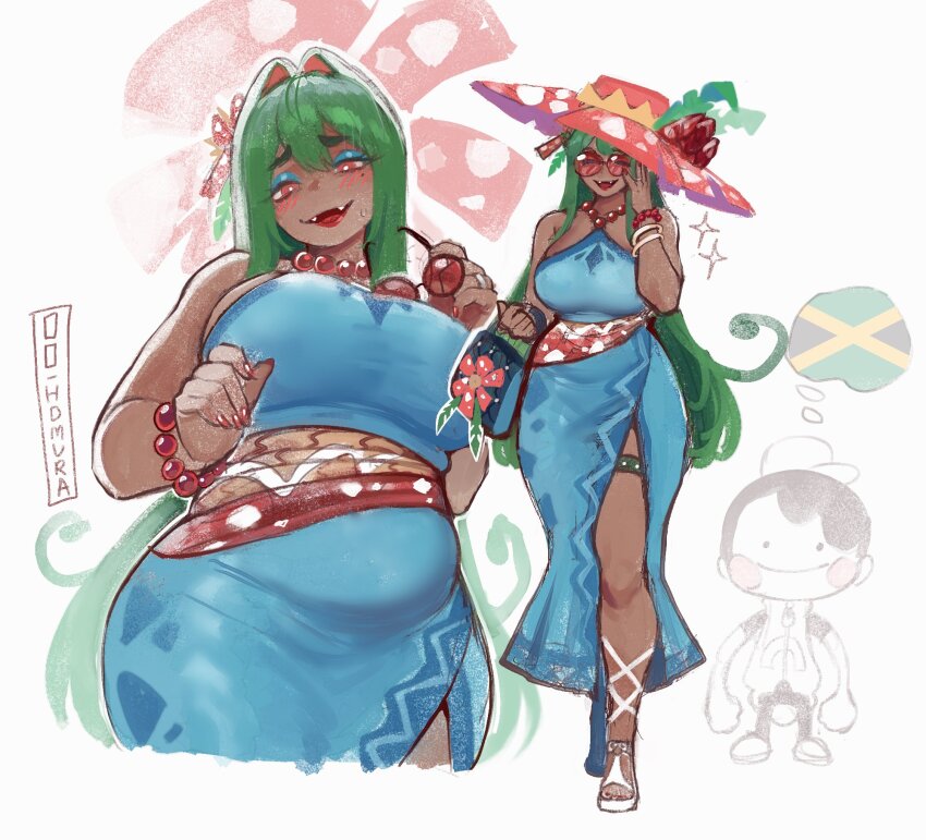 1girl, animal_ears, ara-ara_venusaur, blush, breasts, brown_hair, chubby_belly, cleavage