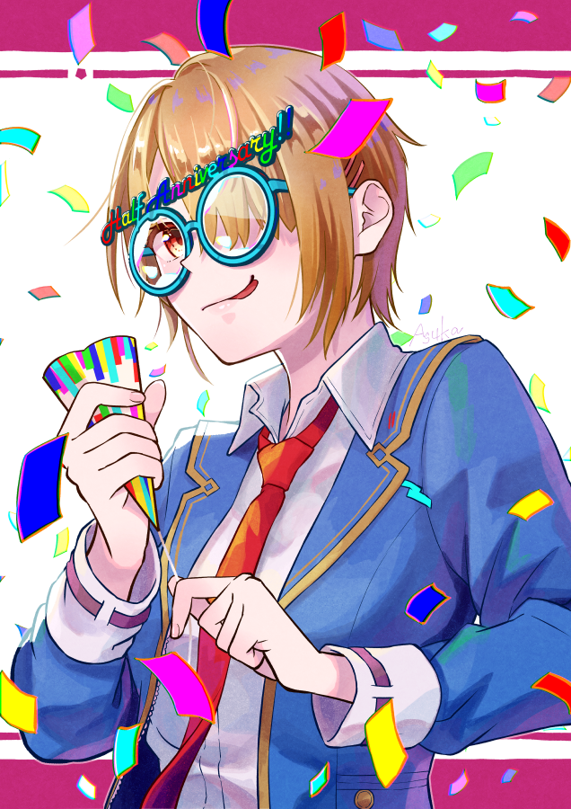 1girl, :p, brown_hair, commentary_request, confetti, glasses, hair_over_one_eye, heaven_burns_red