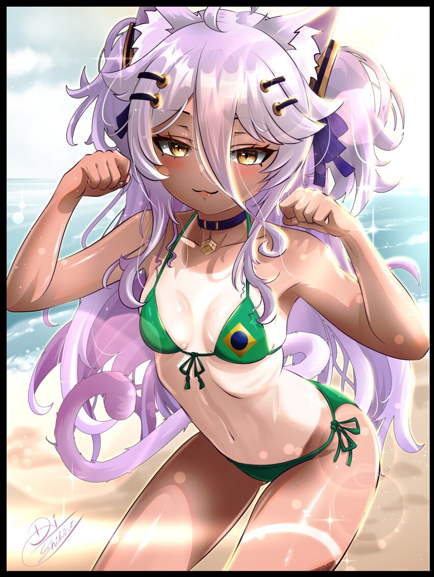 1girl, absurdres, ahoge, animal_ears, beach, bikini, brazilian_flag, brazilian_flag_bikini