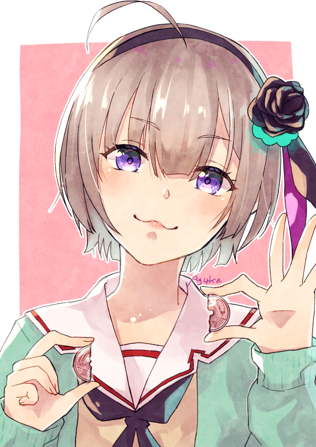 1girl, ahoge, black_flower, black_rose, chocolate_coin, coin, commentary_request, flower