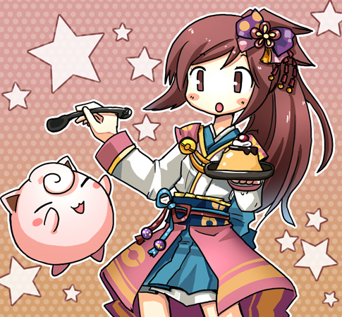 1girl, =_=, bad_id, bad_pixiv_id, blush_stickers, brown_eyes, brown_hair, food, gen_1_pokemon, hagino_chiyoko, holding, holding_spoon, japanese_clothes, jigglypuff, lowres, name_connection, nintendo, nobunaga_no_yabou, object_namesake, oichi_(sengoku_musou), poke_ball, poke_ball_theme, pokemon, pokemon_(creature), pokemon_conquest, ponytail, pudding, pun, sengoku_musou, sidelocks, skirt, spoon, star_(symbol), star_symbol_background