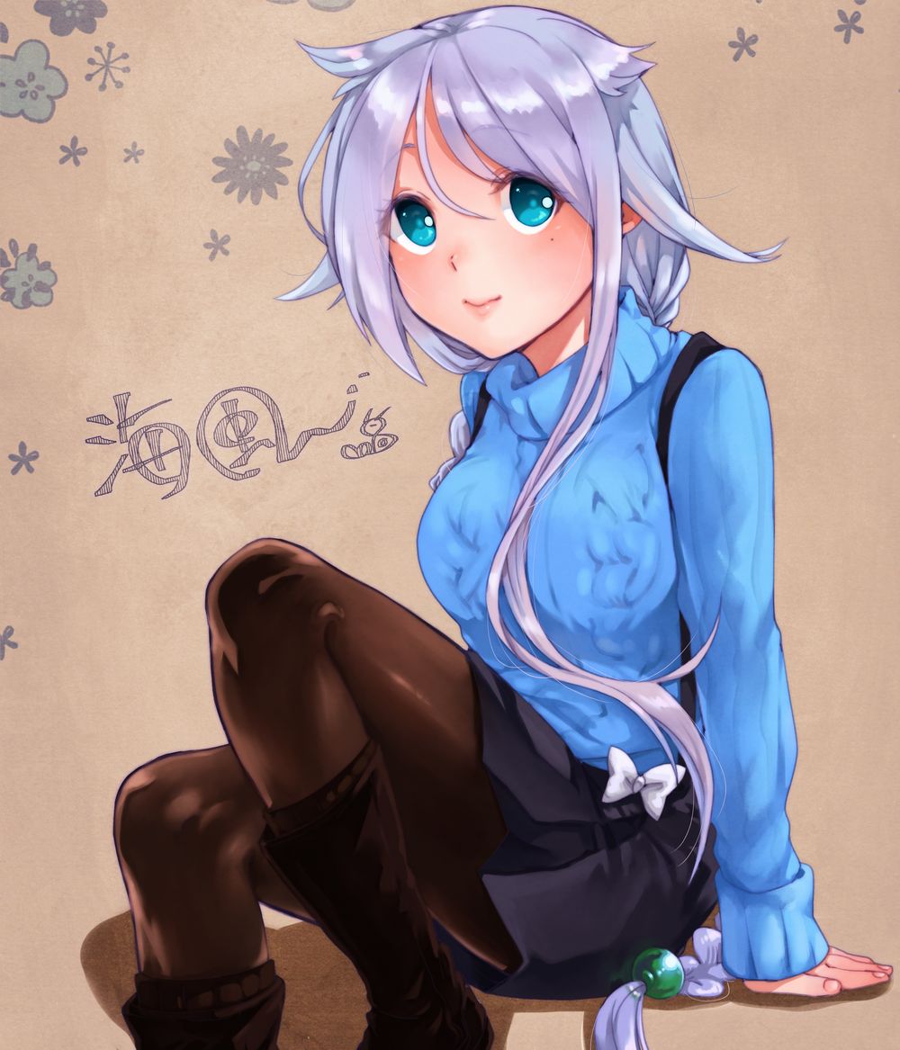 1girl, black_boots, black_pantyhose, black_skirt, blue_sweater, boots, braid, brown_background