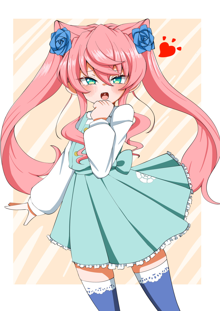 1girl, 9ma_(9matohibari), :o, absurdres, aged_down, blue_flower, blue_thighhighs, blush