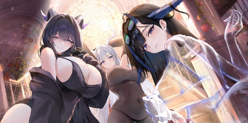 3girls, absurdres, azur_lane, black_bodystocking, black_gloves, black_hair, blue_hair, bodystocking