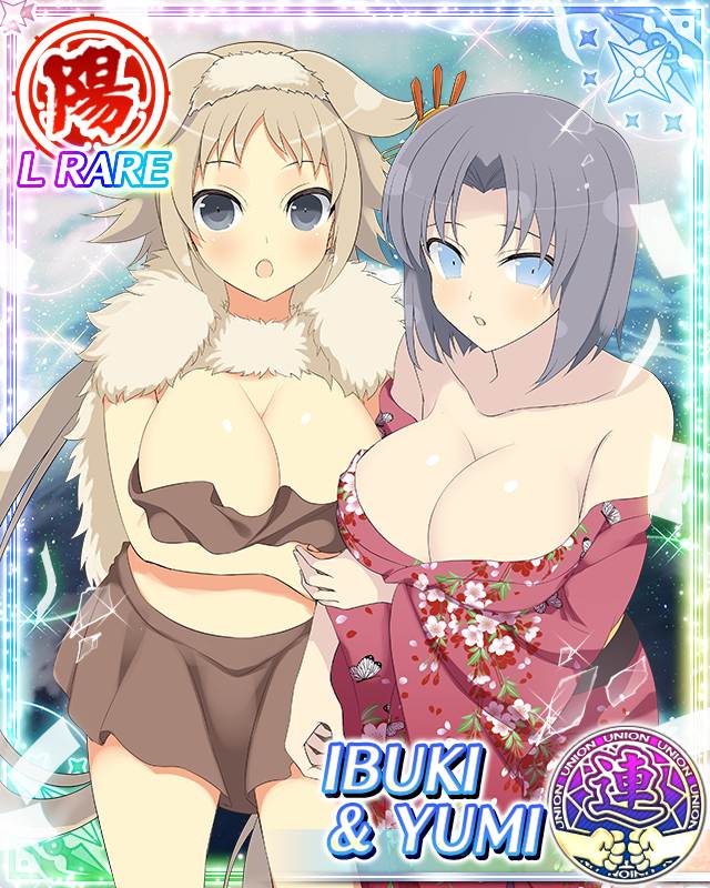 2girls, :o, arm_under_breasts, blue_eyes, border, breasts, brown_skirt, cape, card_(medium), character_name, cleavage, clothing_cutout, collarbone, floral_print, floral_print_kimono, fur_cape, fur_headband, game_cg, grey_eyes, grey_hair, hair_intakes, hair_ornament, holding_hands, ibuki_(senran_kagura), japanese_clothes, kimono, large_breasts, long_hair, looking_at_viewer, low_neckline, low_twintails, medium_hair, midriff, multiple_girls, official_art, pink_kimono, print_kimono, senran_kagura, senran_kagura_new_wave, skirt, third-party_source, twintails, underboob_cutout, very_long_hair, yumi_(senran_kagura)