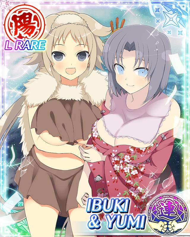 2girls, :d, arm_under_breasts, blue_eyes, border, breasts, brown_skirt, cape, card_(medium), character_name, cleavage, closed_mouth, clothing_cutout, floral_print, floral_print_kimono, fur_cape, fur_headband, game_cg, grey_eyes, grey_hair, hair_intakes, hair_ornament, holding_hands, ibuki_(senran_kagura), japanese_clothes, kimono, large_breasts, long_hair, looking_at_viewer, low_neckline, low_twintails, medium_hair, midriff, multiple_girls, official_art, open_mouth, pink_kimono, print_kimono, senran_kagura, senran_kagura_new_wave, skirt, smile, third-party_source, twintails, underboob_cutout, very_long_hair, yumi_(senran_kagura)