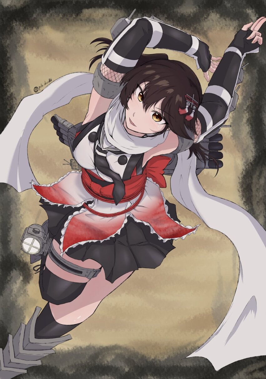 1girl, arms_up, asymmetrical_legwear, black_gloves, black_hair, black_neckerchief, black_skirt, brown_eyes, buttons, commentary_request, double-breasted, elbow_gloves, fingerless_gloves, gloves, highres, kantai_collection, kneehighs, looking_at_viewer, neckerchief, pairu_(pile_drvx86), sailor_collar, sailor_shirt, scarf, school_uniform, searchlight, sendai_(kancolle), sendai_kai_ni_(kancolle), serafuku, shirt, short_hair, single_kneehigh, single_sock, single_thighhigh, skirt, socks, solo, thighhighs, two_side_up, uneven_legwear, white_sailor_collar, white_scarf