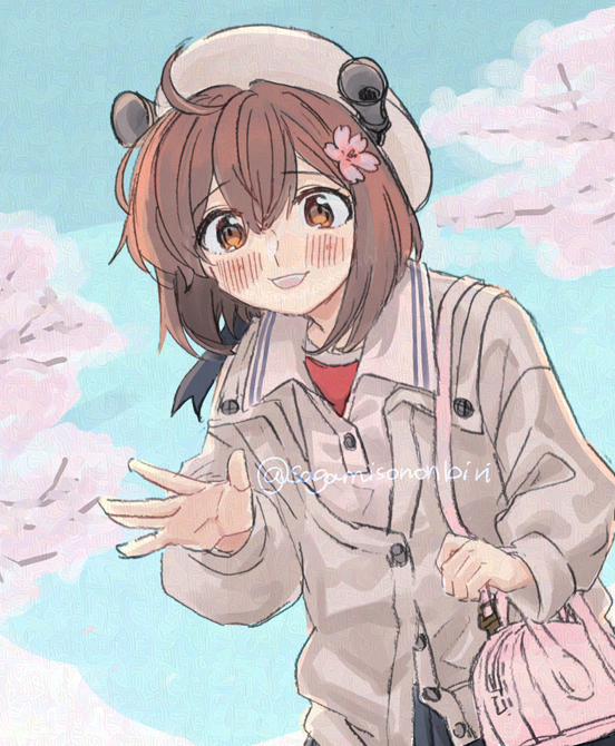 1girl, ahoge, bag, blue_sky, brown_cardigan, brown_eyes, brown_hair, cardigan, cherry_blossoms, cloud, commentary, headgear, kantai_collection, official_alternate_costume, pink_bag, sagamiso, short_hair, sky, smile, solo, tree, twitter_username, upper_body, yukikaze_(kancolle), yukikaze_(sasebo)_(kancolle)