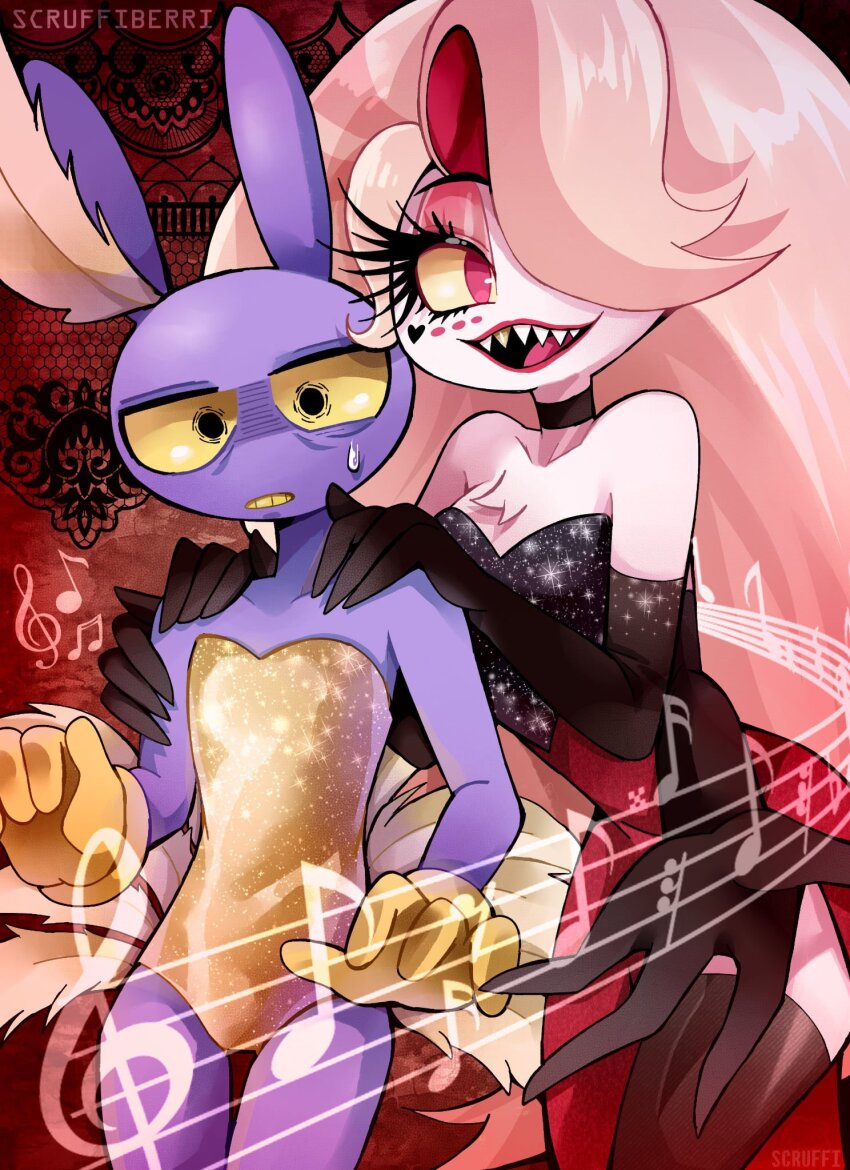 angel_dust, animal_ears, colored_sclera, colored_skin, colored_teeth, commentary, crossdressing, crossdressing_(mtf)