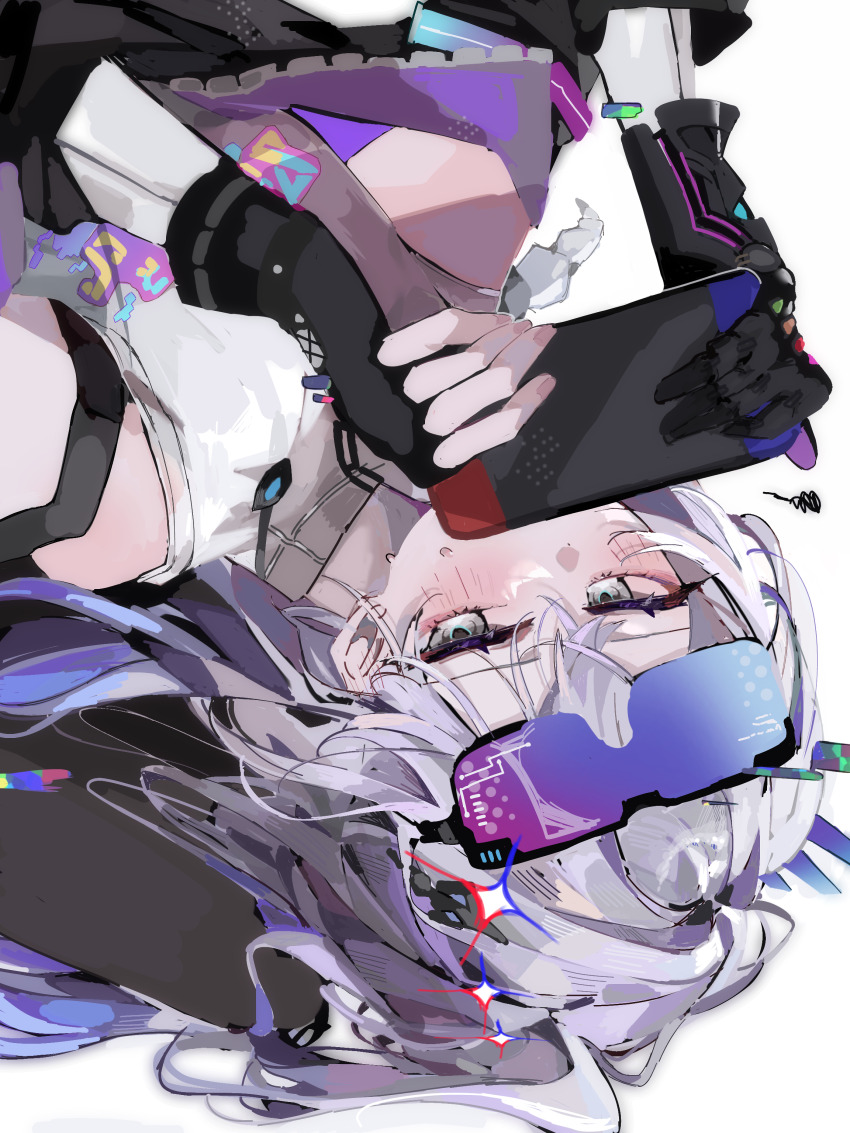 1girl, absurdres, bare_shoulders, black_gloves, black_jacket, blush, commentary_request, covered_mouth