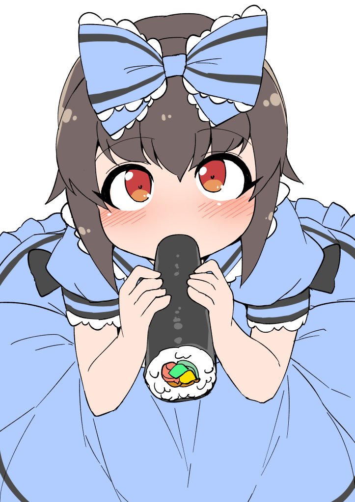 1boy, ayumu_(fun_bo), blue_bow, blue_dress, blush, bow, brown_hair, commentary, crossdressing, crossdressing_(mtf), dress, ehoumaki, fellatio, flat_color, food, food_in_mouth, frilled_bow, frilled_dress, frills, from_above, fun_bo, hair_bow, holding, holding_food, large_bow, lolita_fashion, long_dress, looking_at_viewer, makizushi, male_focus, oral, original, puffy_short_sleeves, puffy_sleeves, red_eyes, sexually_suggestive, short_hair, short_sleeves, simple_background, simulated_fellatio, sitting, solo, sushi, white_background