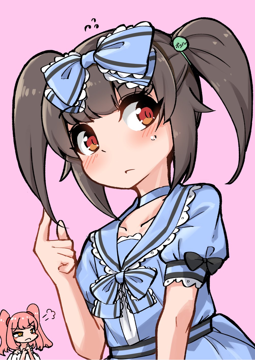 1boy, 1girl, alternate_hairstyle, ayumu_(fun_bo), back_ribbon, black_bow, blue_bow, blue_bowtie