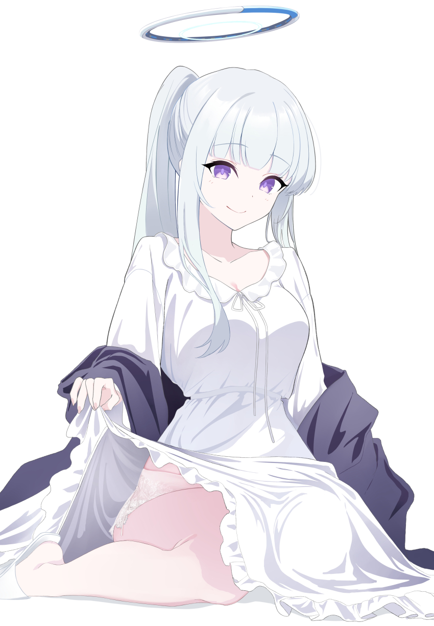 1girl, absurdres, amamiya_(1201hlx), blue_archive, blush, book, breasts, closed_mouth, clothes_lift, commentary_request, dress, dress_lift, halo, high_ponytail, highres, large_breasts, lifting_own_clothes, long_hair, long_sleeves, looking_at_viewer, noa_(blue_archive), noa_(pajamas)_(blue_archive), official_alternate_costume, pajamas, panties, ponytail, purple_eyes, purple_shawl, shawl, simple_background, smile, solo, underwear, very_long_hair, white_background, white_hair, white_pajamas, white_panties