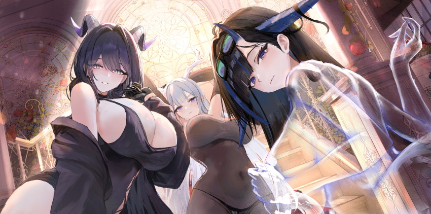 3girls, absurdres, azur_lane, black_bodystocking, black_gloves, black_hair, blue_hair, bodystocking