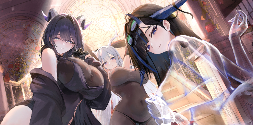 3girls, absurdres, azur_lane, black_bodystocking, black_gloves, black_hair, blue_hair, bodystocking