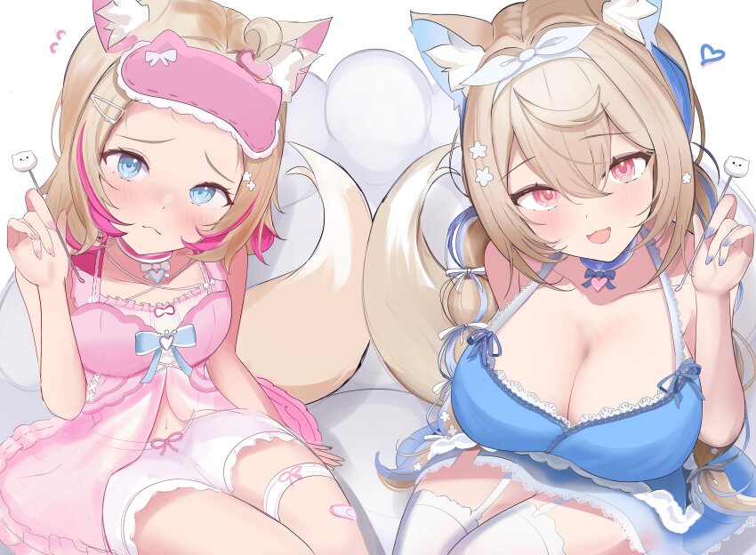 2girls, absurdres, animal_ear_fluff, animal_ears, babydoll, bandaid, bandaid_on_leg, blonde_hair