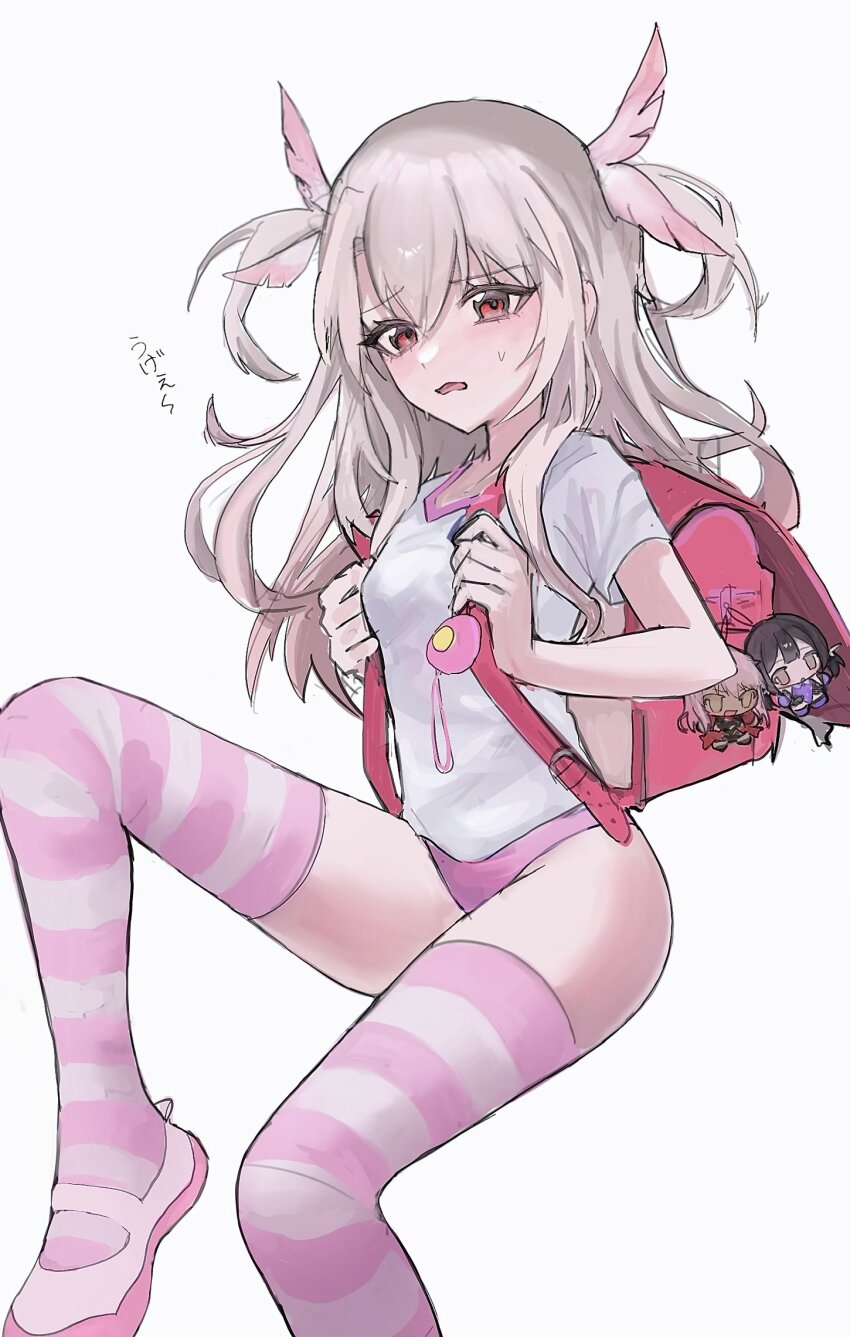 1girl, backpack, bag, breasts, character_charm, charm_(object), chloe_von_einzbern, commentary, fate/kaleid_liner_prisma_illya, fate_(series), highres, illyasviel_von_einzbern, long_hair, looking_at_viewer, miyu_edelfelt, panties, pink_panties, rami_(zwndu0), red_eyes, school_bag, shirt, simple_background, small_breasts, solo, striped_clothes, striped_thighhighs, thighhighs, thighs, underwear, untranslatable_commentary, white_background, white_hair, white_shirt