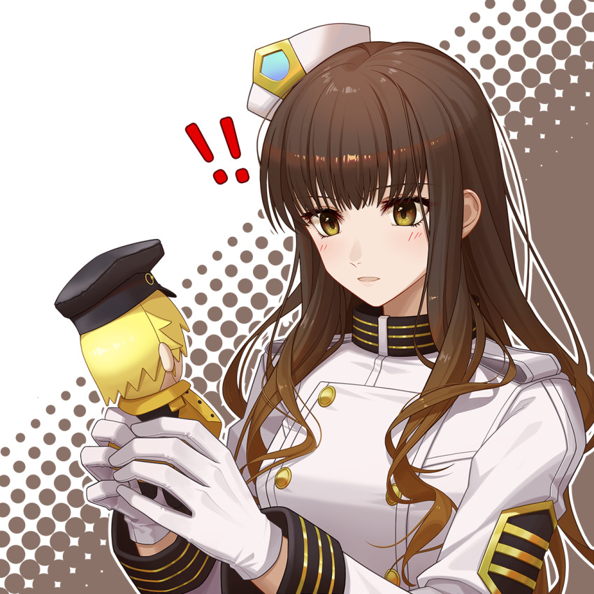 !, !!, 1girl, black_hat, blonde_hair, blush, breasts, brown_hair