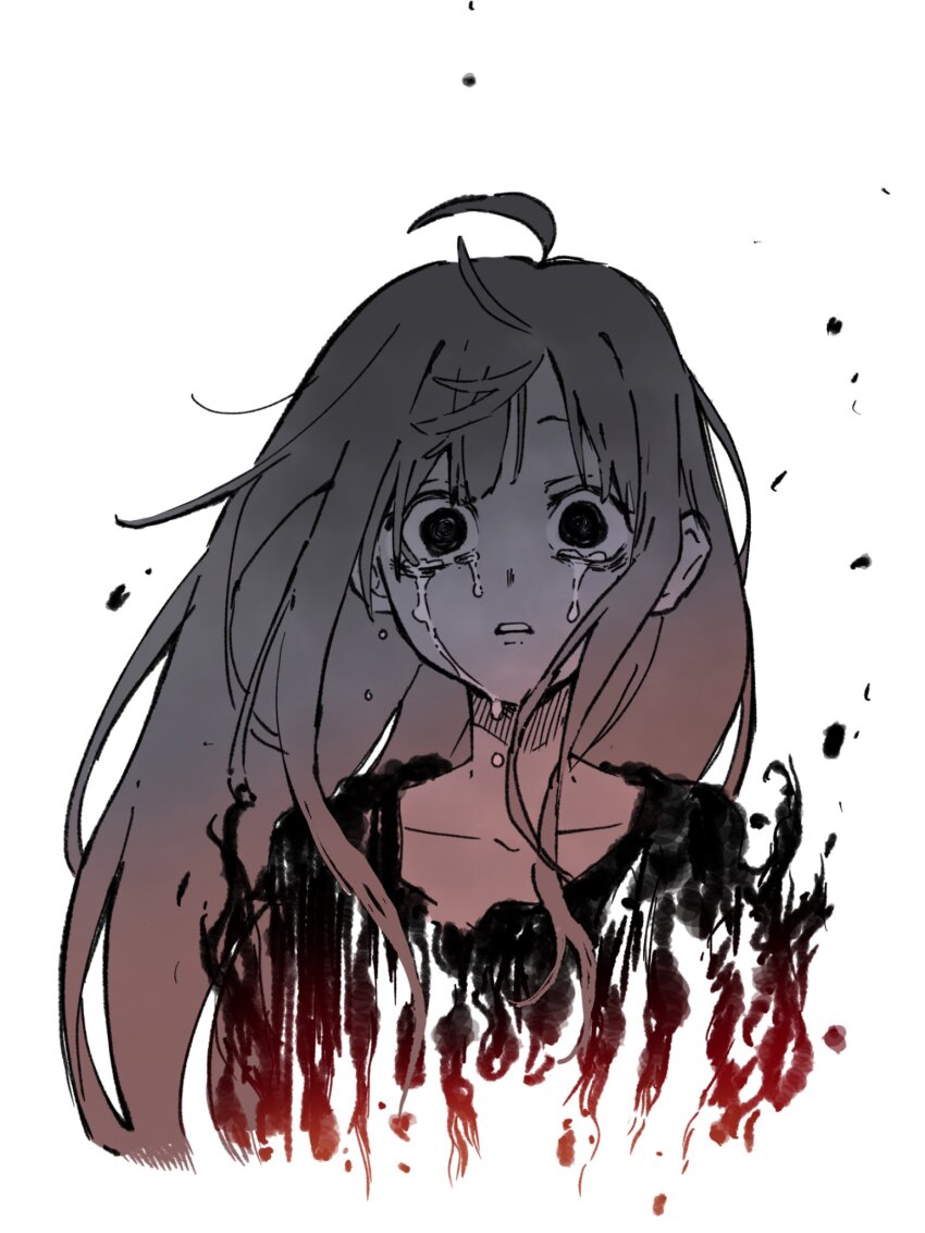 1girl, ahoge, black_eyes, black_shirt, burning, cho_kaguya-hime!, constricted_pupils, crying