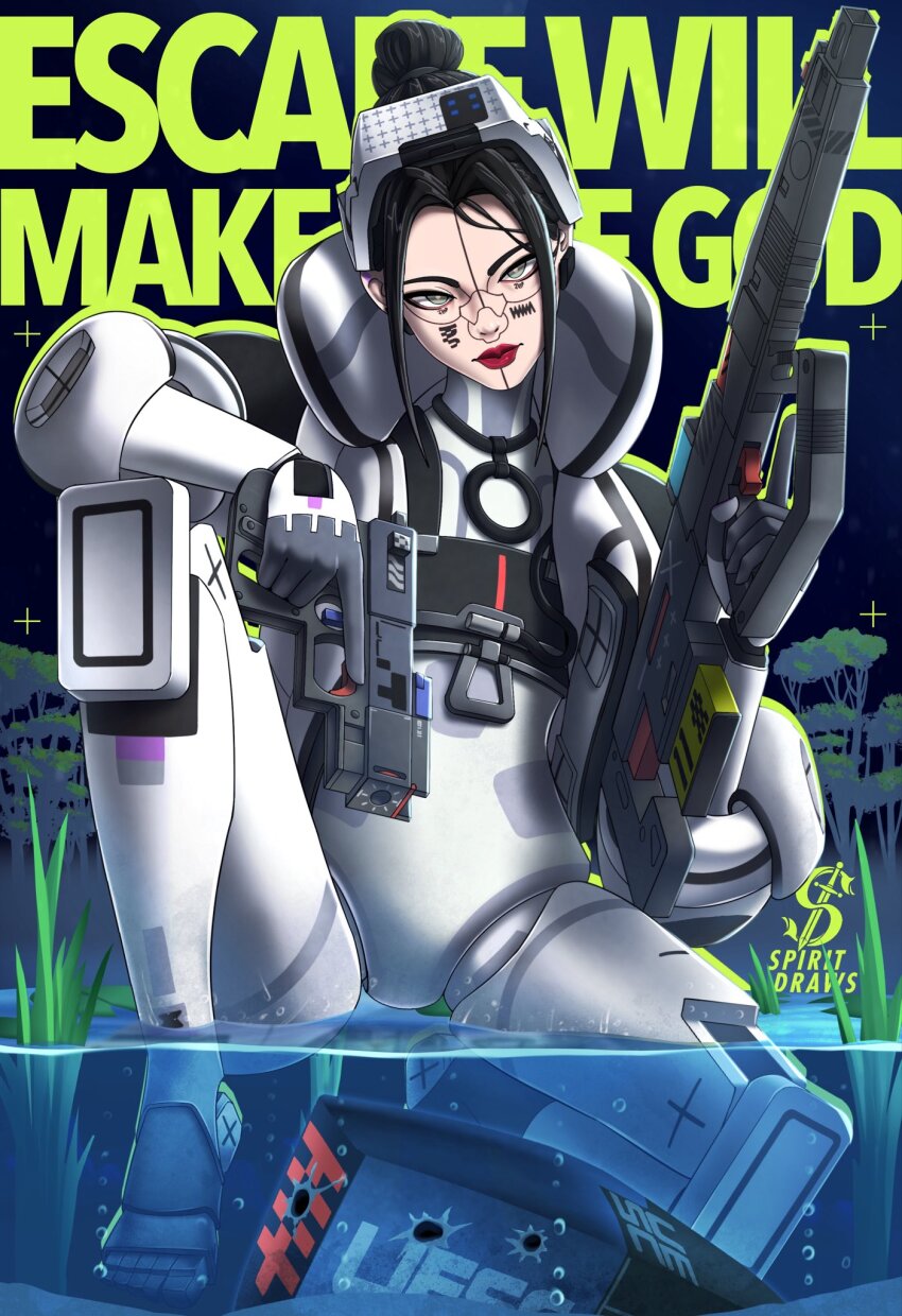 1girl, android, artist_name, assault_rifle, cropped_jacket, english_text, gun, handgun