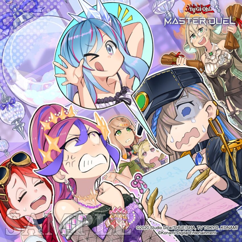 6+girls, :p, anger_vein, anonymous_(yu-gi-oh!), bare_shoulders, blonde_hair, blue_hair, breasts