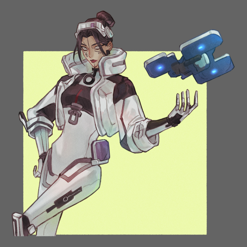 1girl, android, black_hair, border, brown_border, cropped_vest, drone, gemkimart