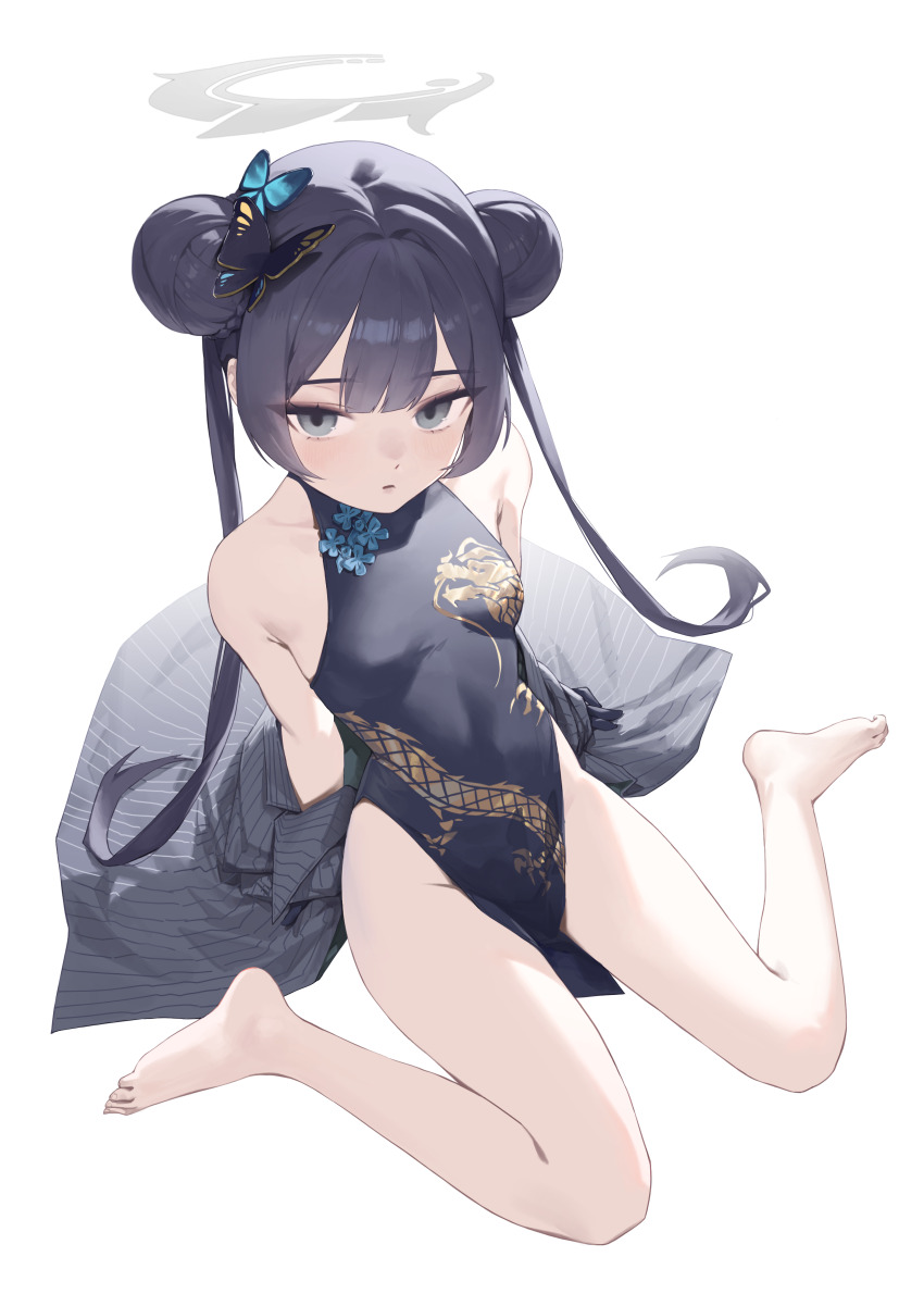 1girl, 2bmm2, absurdres, bare_legs, barefoot, black_hair, blue_archive, braid