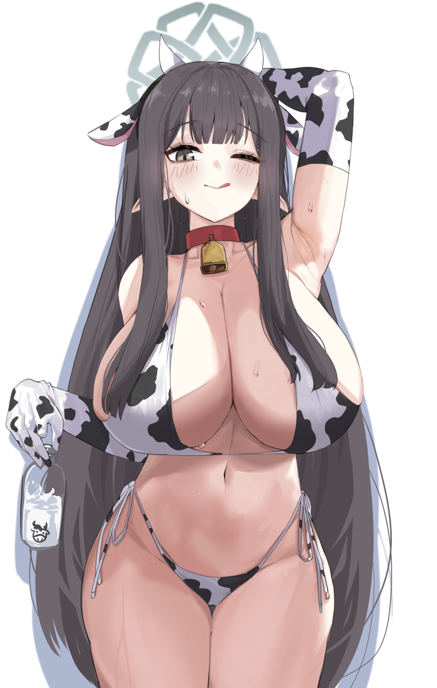 1girl, ;q, absurdres, animal_ears, animal_print, arm_behind_head, arm_up, armpits