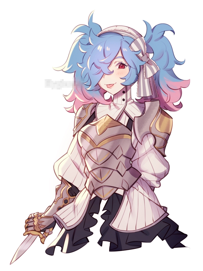 1girl, :p, arm_behind_back, armor, black_skirt, blue_hair, bow, breasts