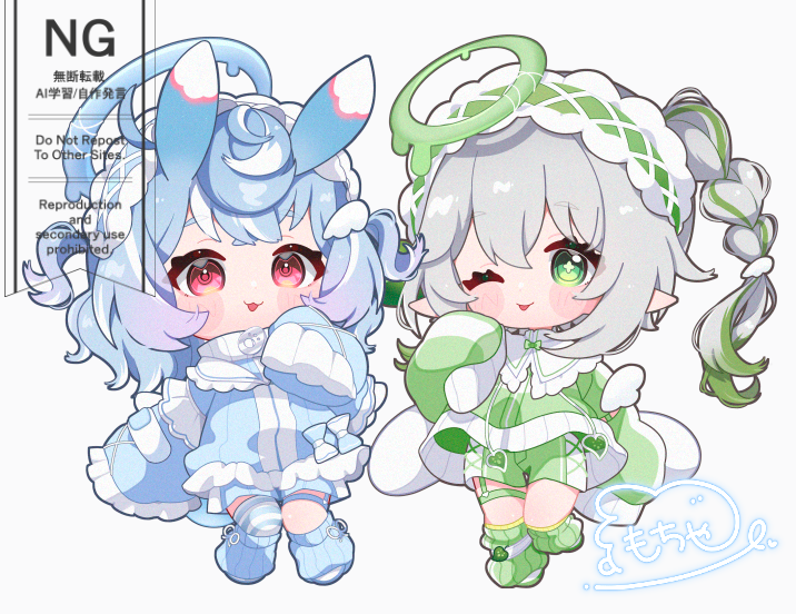 2girls, :p, ;p, alternate_costume, animal_ears, blue_dress, blue_hair, blue_halo