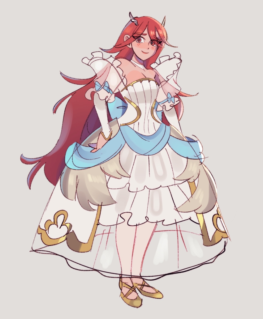 1girl, bare_shoulders, blush, breasts, bridal_gauntlets, cleavage, commentary, cordelia_(fire_emblem), cordelia_(perfect_bride)_(fire_emblem), dress, english_commentary, feather_hair_ornament, feathers, fire_emblem, fire_emblem_awakening, fire_emblem_heroes, frills, full_body, grey_background, hair_ornament, high_heels, highres, holding, jewelry, long_hair, looking_at_viewer, medium_breasts, necklace, nintendo, official_alternate_costume, red_eyes, red_hair, ribbon, shoes, shy-shortcake, sleeveless, sleeveless_dress, smile, solo, thighs, very_long_hair, wedding_dress, white_dress, yellow_shoes