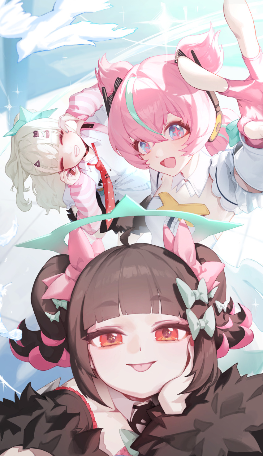 2bmm2, 3girls, absurdres, angels_of_delusion, aqua_hair, aqua_streaks, aria_(zenless_zone_zero), arm_up