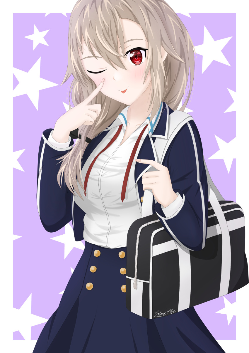 1girl, ;p, absurdres, alternate_costume, artist_name, bag, black_bag, blue_jacket