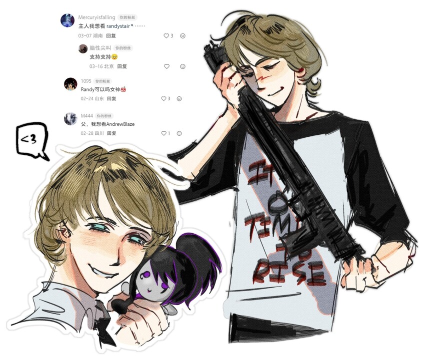 1boy, :d, ahoge, animification, bare_arms, black_pants, black_sleeves, blue_eyes