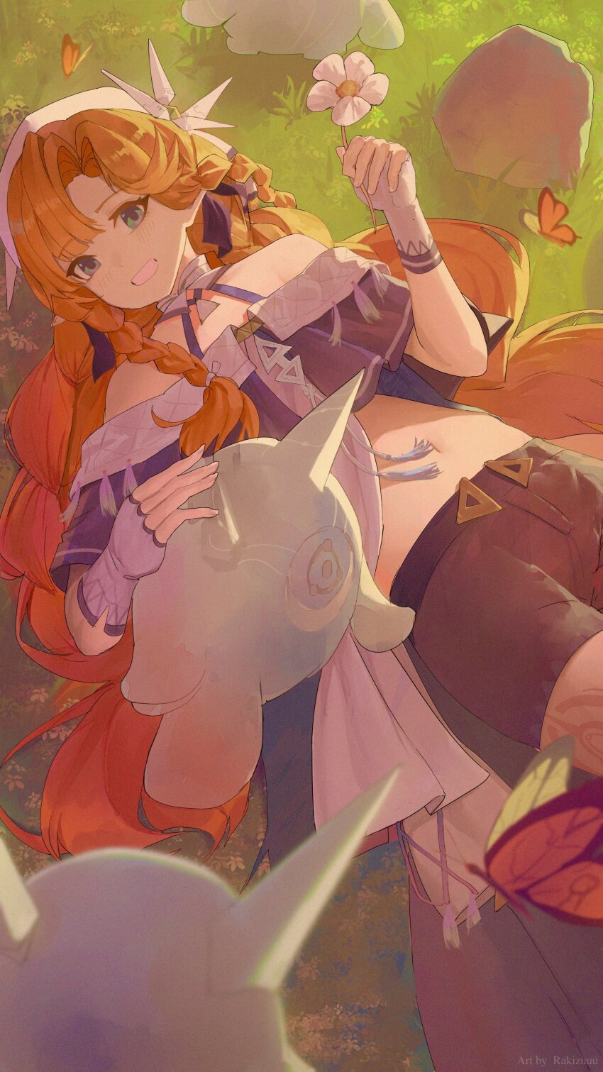 1girl, absurdres, aqua_eyes, bare_shoulders, black_shorts, bug, butterfly, clip_studio_paint_(medium)