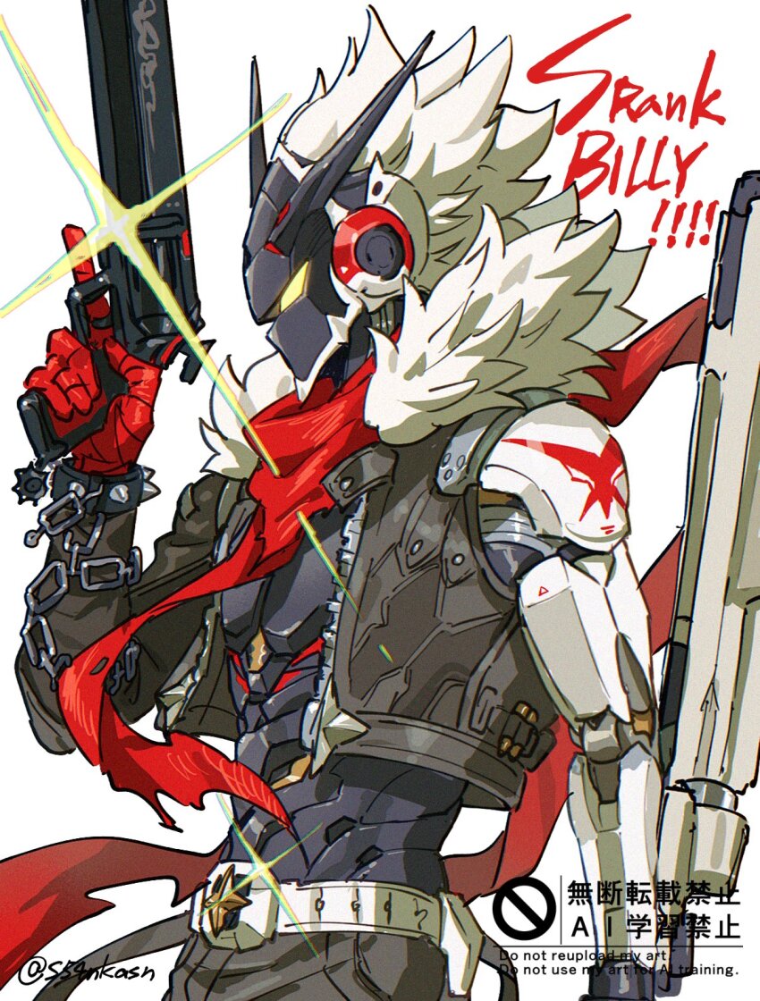 1boy, arm_cannon, arm_mounted_weapon, asymmetrical_sleeves, belt, billy_kid, billy_kid_(starlight), chain