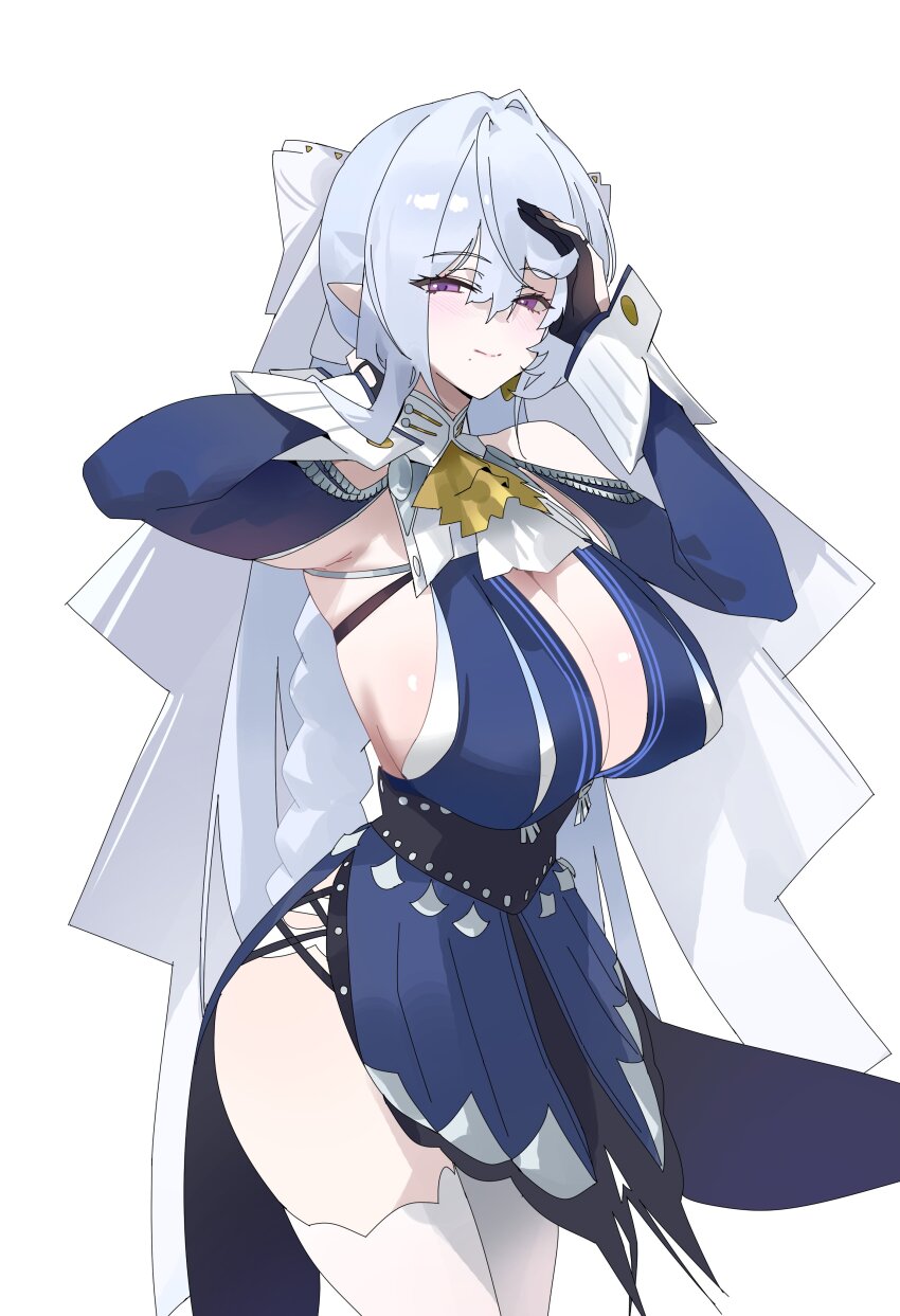 1girl, absurdres, ascot, bare_shoulders, blue_dress, breasts, cleavage, closed_mouth