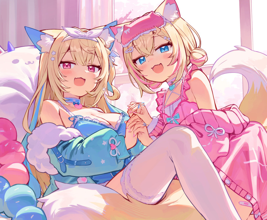 2girls, :d, animal_ears, babydoll, blonde_hair, blue_jacket, blue_negligee, blue_streaks
