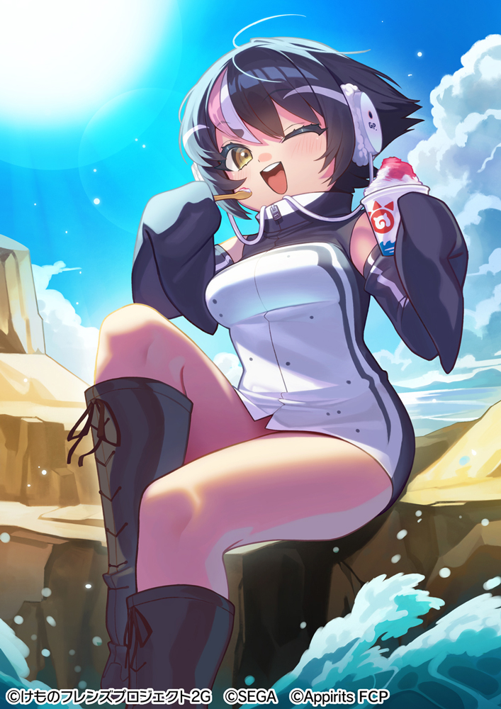 1girl, baniran_dorosu, bare_shoulders, black_boots, black_hair, boots, brown_eyes, commentary_request