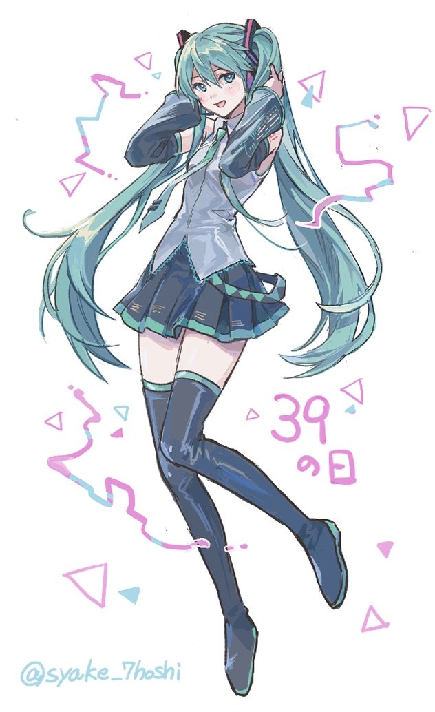 1girl, 39, aqua_eyes, aqua_necktie, artist_name, bare_shoulders, black_boots, black_skirt